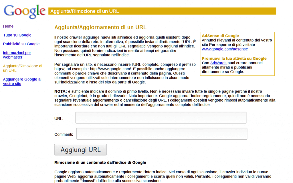 Aggiunta URL Google